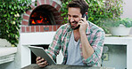 Man, outdoor and phone call with tablet for remote work, journalism and news report research. Technology, conversation and typing in backyard with app, contact or proposal for freelance writing