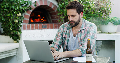 Buy stock photo Man, finance and typing with laptop or documents for expenses or mortgage bills by fireplace. Male person, reading and computer with paperwork or invoice for financial planning, budget or audit