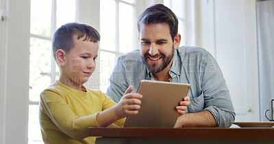 Buy stock photo Tablet, kid and father in home with smile for app, bonding together and play educational game. Boy, dad and technology in family house for website, online learning and relax with parent on internet