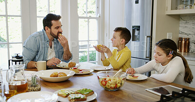 Buy stock photo Breakfast, food and smile with happy family in dining room for meal, nutrition and together in home. Bonding, drink and juice with father, son and daughter in apartment for diet, health or hunger