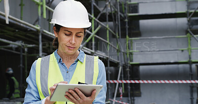 Buy stock photo Construction site, civil engineer and woman with tablet, online or planning for property development. Architecture, project manager and tracking progress with tech, scroll or quality control with web