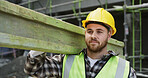 Carry, construction and man with beam on site for building framework, industrial development or repairs. Labor, builder and wood material for property expansion, scaffolding and maintenance project