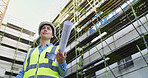 Civil engineer, outdoor and woman with blueprint, think or property development on construction site. Architect, reflection and person with renovation project, low angle and planning for architecture