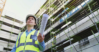Buy stock photo Civil engineer, outdoor and woman with blueprint, think or property development on construction site. Architect, reflection and person with renovation project, low angle and planning for architecture