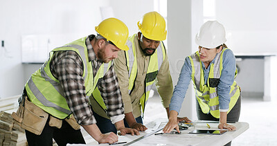 Buy stock photo Architecture, blueprint and meeting for renovation project, building design and planning. Engineer, people and drawing equipment at construction site for floor plan, document and development process