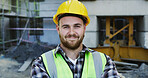 Smile, man and portrait of construction worker on site for building, maintenance or repairs on infrastructure. Happy, hardhat and male civil manager with confidence for project development in London.