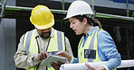 Woman, man and tablet with inspection at construction site, helmet or discussion for property expansion. People, architect and team with building project, app and blueprint for real estate in city
