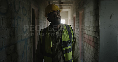 Buy stock photo Construction site, thinking and man with safety, inspection and maintenance with problem solving. Helmet, mature person and inspector with checklist, urban development and real estate with vest