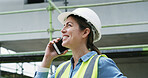 Phone call, construction site and woman with smile, inspection and maintenance schedule. Worker, inspector and happy person with helmet, cellphone or digital app for chatting, contact and checklist