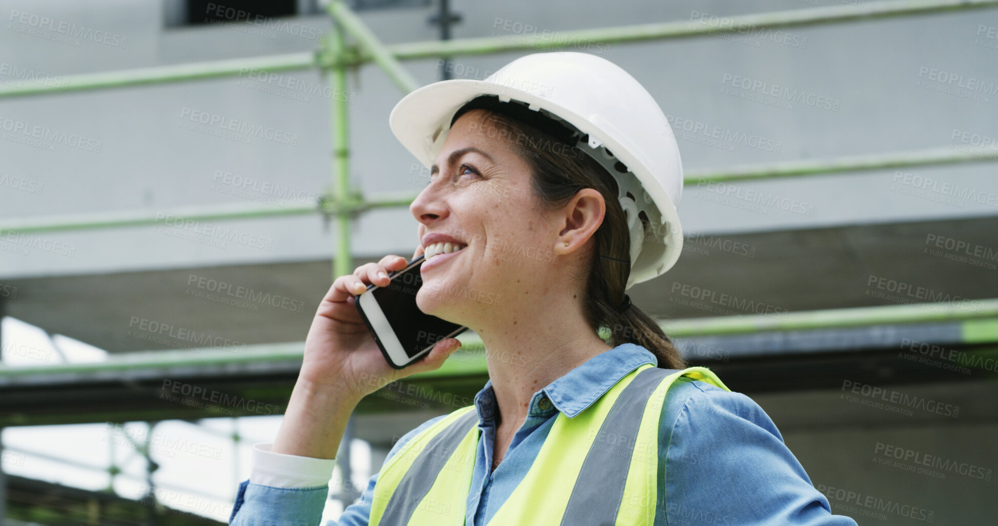 Buy stock photo Phone call, construction site and woman with smile, inspection and maintenance schedule. Worker, inspector and happy person with helmet, cellphone or digital app for chatting, contact and checklist