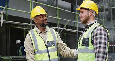 Buy stock photo Communication, men or construction worker on site for building, planning or efficiency idea for project. Talk, infrastructure progress or people with support for development, architecture or teamwork