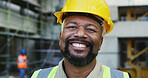 Happy, black man and portrait of construction worker on site for building, maintenance or repairs. Smile, hardhat and mature African male civil manager with confidence for project development.