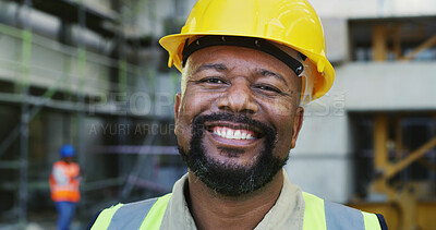 Buy stock photo Happy, black man and portrait of construction worker on site for building, maintenance or repairs. Smile, hardhat and mature African male civil manager with confidence for project development.