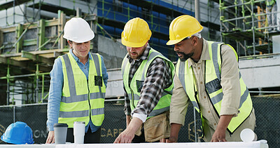 Buy stock photo Meeting, blueprint and construction employees on site with collaboration for infrastructure project. Discussion, paperwork and team of civil engineers with foreman for planning building maintenance.