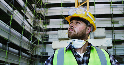 Buy stock photo Construction site, thinking and man with inspection, architecture and maintenance. Wonder, engineering and person in city, real estate or helmet for safety, urban development and solution with choice