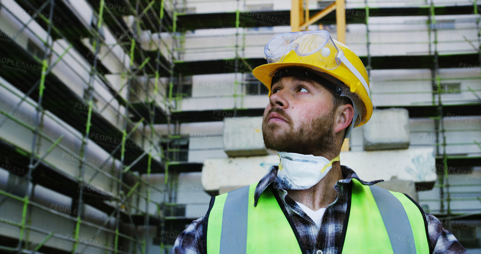 Buy stock photo Construction site, thinking and man with inspection, architecture and maintenance. Wonder, engineering and person in city, real estate or helmet for safety, urban development and solution with choice