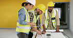 Discussion, plans and construction employees on site with collaboration for infrastructure project. Meeting, paperwork and team of civil engineers with foreman for building maintenance with blueprint