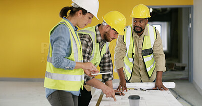 Buy stock photo Discussion, plans and construction employees on site with collaboration for infrastructure project. Meeting, paperwork and team of civil engineers with foreman for building maintenance with blueprint