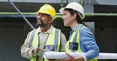 Buy stock photo Woman, man and tablet with team at construction site, helmet or discussion for property expansion. People, architect and inspection with building project, app and blueprint for real estate in city
