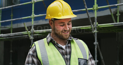 Buy stock photo Man, engineer and smile at construction site outdoor for inspection, project manager and renovation. Male person, hardhat and employee for property development, building expansion and quality control