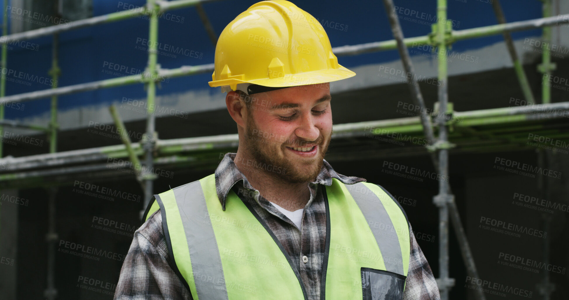 Buy stock photo Man, engineer and smile at construction site outdoor for inspection, project manager and renovation. Male person, hardhat and employee for property development, building expansion and quality control