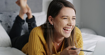 Buy stock photo Funny, laptop and woman in bedroom, relax and watching comedy movie with happiness. House, computer and person with smile, laughing and film with weekend break, entertainment and streaming service