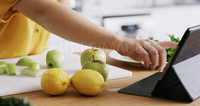 Buy stock photo Hand, woman and tablet in home for breakfast drink, healthy diet and fruit smoothie. Person, tutorial and technology in kitchen to prepare ingredients, meal prep or nutrition shake for weigh loss