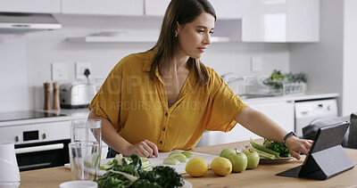 Buy stock photo Tablet, woman and fruit in home for breakfast drink, healthy diet and green smoothie. Person, blender and technology in kitchen to prepare ingredients, meal prep or nutrition shake for weigh loss
