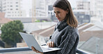 Remote work, woman and laptop with reading on balcony for article review, editing and fact checking. Freelance editor, person and tech at home for submission approval, proofreading blog and feedback