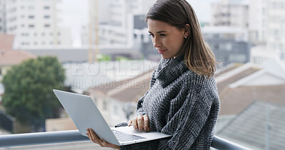 Buy stock photo Remote work, woman and laptop with reading on balcony for article review, editing and fact checking. Freelance editor, person and tech at home for submission approval, proofreading blog and feedback