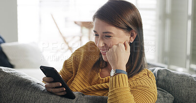 Buy stock photo Woman, relax and smile on couch with phone, check online dating site and social media notification. Happy, person and browsing in home with tech, text message or mobile app for digital communication.