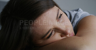 Buy stock photo Sad, woman and thinking with stress in home with break up reflection, regret memory and mental health. Tired, girl with depression and unhappy in house with overthinking, disappointed or broken heart