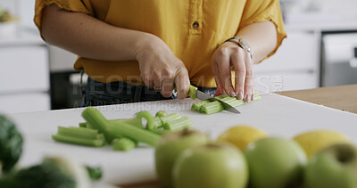 Buy stock photo Hands, woman and celery in home for breakfast drink, healthy diet and fruit smoothie. Person, knife and cutting board in kitchen to prepare ingredients, meal prep or nutrition shake for weigh loss