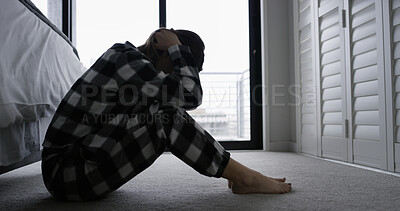 Buy stock photo Stress, woman and thinking on bedroom floor with break up regret, insomnia and relationship fail. Crisis, person with depression and unhappy in home with overthinking, disappointed and broken heart