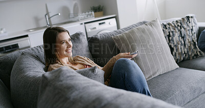 Buy stock photo Relax, remote or woman watching tv on couch, check video choice or streaming movie for cozy weekend. Smile, film website or person in home for entertainment, channel surfing or search with controller