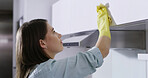 Gloves, wipe or woman with cleaning in kitchen, home maintenance service or antibacterial cloth. Disinfection, tidy routine or housekeeper with tools for dirty surface, hygiene or bacteria protection
