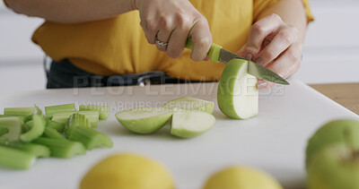Buy stock photo Hands, woman and apple in home for breakfast drink, healthy diet and fruit smoothie. Person, knife and cutting board in kitchen to prepare ingredients, meal prep or nutrition shake for weight loss