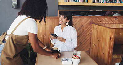 Buy stock photo Coffee, smile and order with woman in cafe for waitress, customer experience and hospitality. Happy, server and small business with people and cup in store for purchase, restaurant and client 