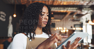 Buy stock photo Research, woman and barista with tablet in coffee shop with ideas for online menu or inventory. Hospitality, digital technology and female waitress with stock list order on website for restaurant.
