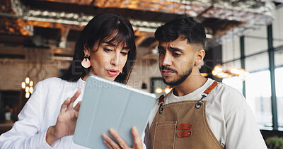Buy stock photo Owner, waiter and meeting with tablet for online inventory checklist, help with staff schedule or supplier info. Woman, man and restaurant team on tech for menu planning advice or problem solving