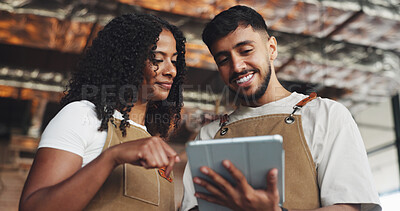 Buy stock photo Waiter, teamwork and people with tablet in coffee shop for barista training, digital stocktake or inventory management. Hospitality industry, discussion and tech for cafe system or order help