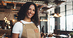 Waiter, portrait and woman in cafe with smile, experience or career pride as barista. Hospitality, happy or server in restaurant with confidence, profession and job goals in customer service.