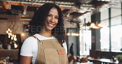 Buy stock photo Waiter, portrait and woman in cafe with smile, experience or career pride as barista. Hospitality, happy or server in restaurant with confidence, profession and job goals in customer service.