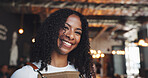 Waiter, portrait and woman in cafe with happiness, experience or pride as dining assistant. Hospitality, smile or server in restaurant with confidence, profession and job goals in customer service