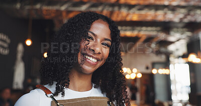 Buy stock photo Waiter, portrait and woman in cafe with happiness, experience or pride as dining assistant. Hospitality, smile or server in restaurant with confidence, profession and job goals in customer service
