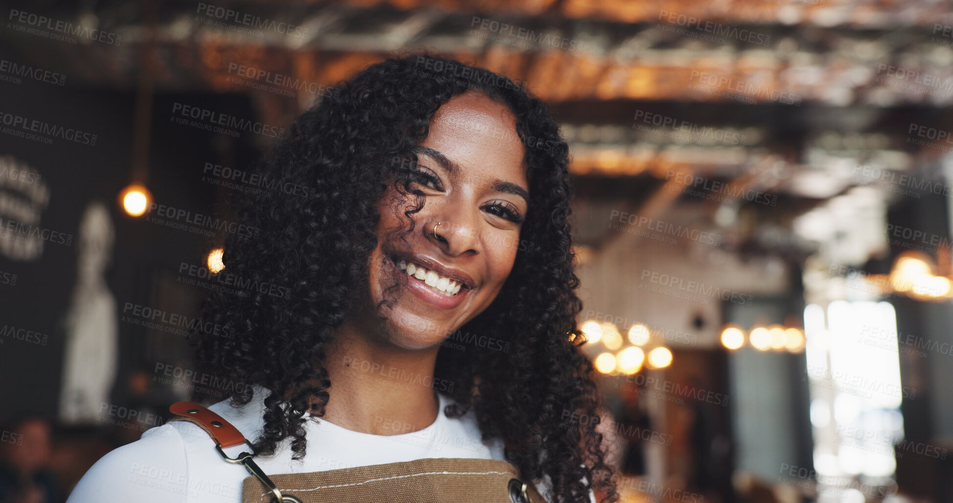 Buy stock photo Waiter, portrait and woman in cafe with happiness, experience or pride as dining assistant. Hospitality, smile or server in restaurant with confidence, profession and job goals in customer service