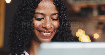 Buy stock photo Happy, woman and reading in cafe with tablet for job vacancy, hiring opportunity and research. Bokeh, person and smile in coffee shop with tech for work application, email feedback and career growth.