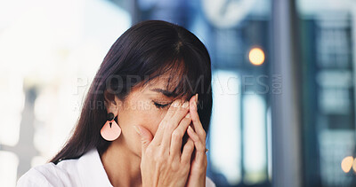 Buy stock photo Business, headache and woman in office, pain and sick with burnout, illness or overwhelmed. Mature person, tired or employee in workplace, migraine or frustrated with pressure, health risk or space