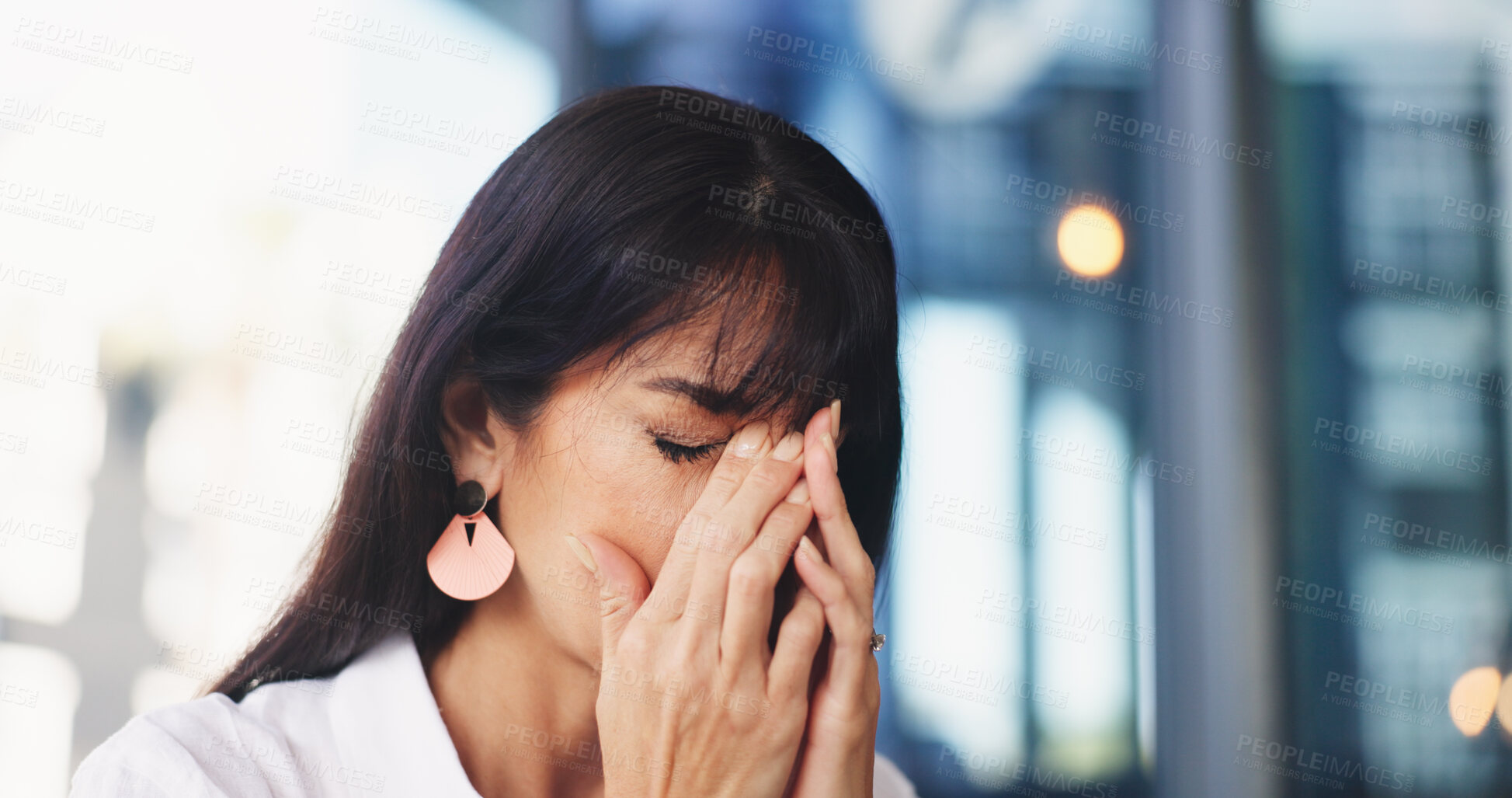 Buy stock photo Business, headache and woman in office, pain and sick with burnout, illness or overwhelmed. Mature person, tired or employee in workplace, migraine or frustrated with pressure, health risk or space