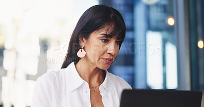 Buy stock photo Woman, reading and research in office with laptop for HR policy, employee feedback and online report. Bokeh, mature person and computer in workplace with Human Resources planning, email and review.